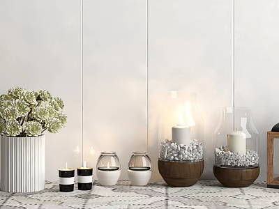 Decorative Candle Lamps with Glass Covers Wooden Bases and Floral Vase Accents 3d model