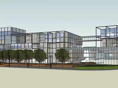 Modern Commercial Complex With Glass Curtain Walls And Landscaped Outdoor Spaces 3d model
