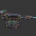 Sci-Fi Turret Weapon 3D Model with Gray Metal Body Orange Accents and Blue Energy Barrel