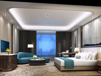 Elegant Hotel Guest Room With King Bed Blue Sofa Large Window And Patterned Carpet 3d model