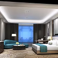 Elegant Hotel Guest Room With King Bed Blue Sofa Large Window And Patterned Carpet