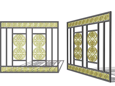 Oriental Style Decorative Screens Featuring Yellow Geometric Patterns And Black Frames 3d model