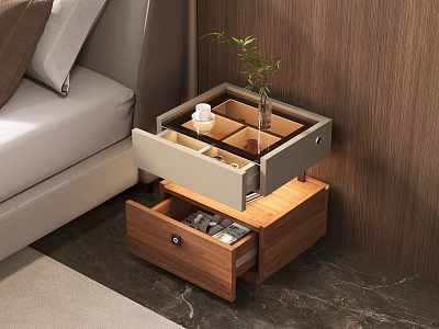 Modern Wooden Bedside Table With Open Drawer Divided Compartments Cup And Small Plant 3d model