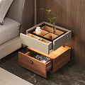 Modern Wooden Bedside Table With Open Drawer Divided Compartments Cup And Small Plant