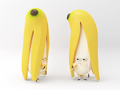 Two Anthropomorphic Banana Characters With Facial Expressions And Peeled Skin Bodies 3d model