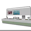 Modern Tourist Information Desk With Display Screens Brochures And Water Cups