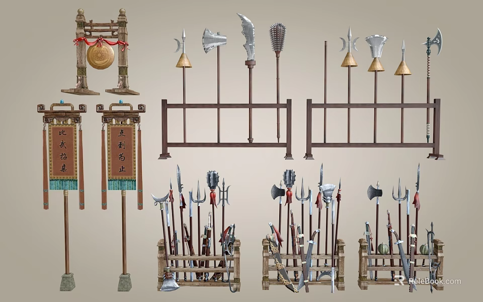 Chinese Ancient Weapon Themed Decorative Ornament Set with Spears Axes Bells and Banners 3d model 