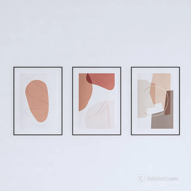 Modern Abstract Wall Art Three Pieces with Soft Tones Thin Black Frames on Light Wall 3d model 