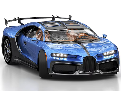 Blue Bugatti Sports Car With Spoiler Transparent Roof And Orange Interior 3d model