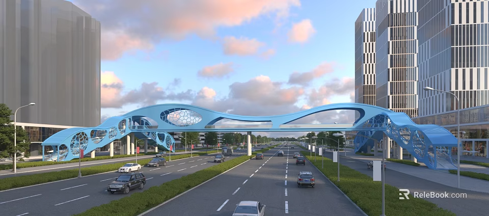 Modern Blue Curved Bridge Over Urban Road With Vehicles And High Rise Buildings 3d model 