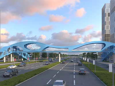 Modern Blue Curved Bridge Over Urban Road With Vehicles And High Rise Buildings 3d model
