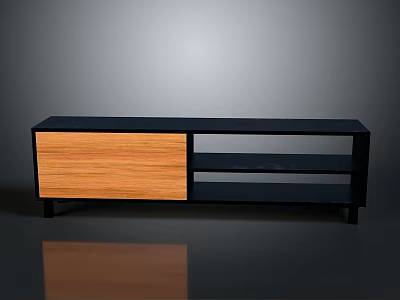 Modern TV Stand With Oak Wood Cabinet Door And Black Open Shelves 3d model