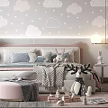 Cozy Kids Room Interior With Cloud Patterned Wallpaper Bed Stuffed Toys And Soft Rug