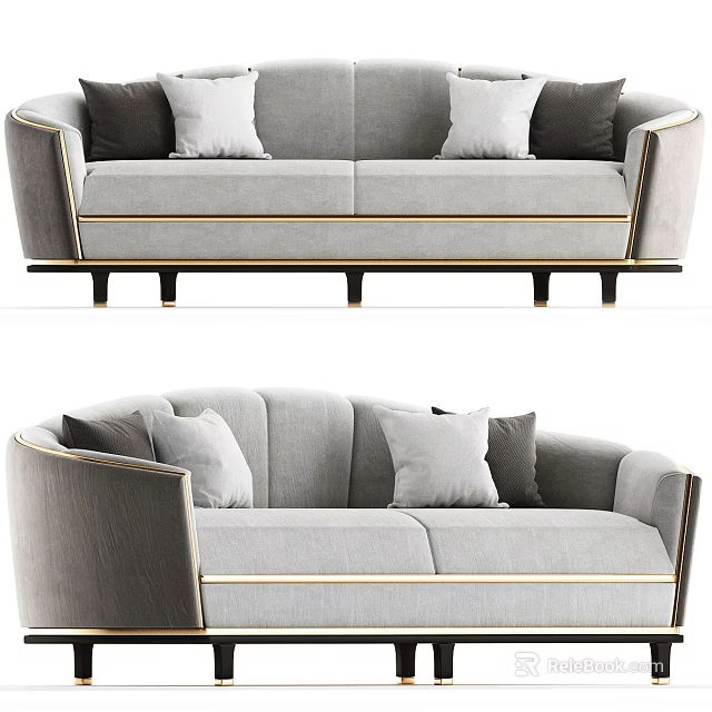 Elegant Modern Gray Multi Seater Sofa With Gold Trim And Plush Throw Pillows 3d model