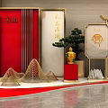 Traditional Chinese Interior Display With Red Screens Golden Frames And Calligraphy Art 3d model