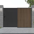 Modern Double Leaf Gate With Vertical Slats Stone Pillars Lights And Greenery Surroundings