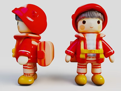 Cute Cartoon Style Red Dolls With Red Hats Coats And Yellow Backpacks Shoes 3d model