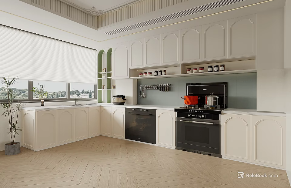 Modern Kitchen Interior With White Cabinets Black Appliances Windows And Wooden Floor 3d model 