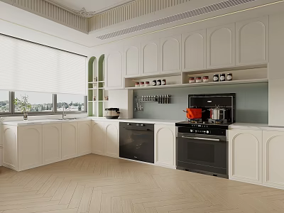 Modern Kitchen Interior With White Cabinets Black Appliances Windows And Wooden Floor 3d model