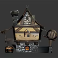 Cartoon Style Cottage With Wooden Roof Stone Base Porch And Barrel Decor