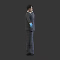 Man in Plaid Suit With Blue Gloves Front and Back Views on Gray Background