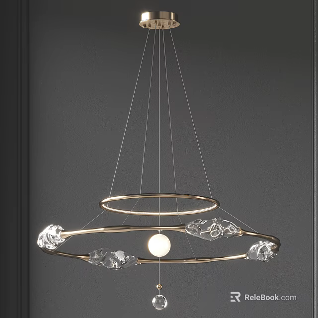 Modern Hanging Chandelier With Golden Circular Rings And Crystal Decorative Elements 3d model 