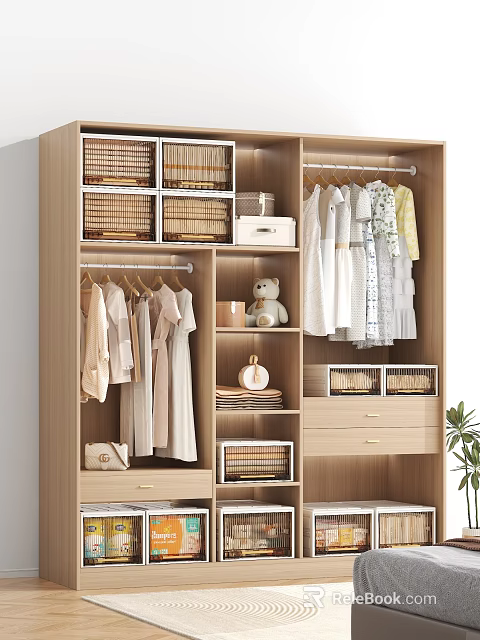Modern Wooden Wardrobe Interior With Hanging Clothes Woven Baskets Drawers And Stuffed Toy 3d model 