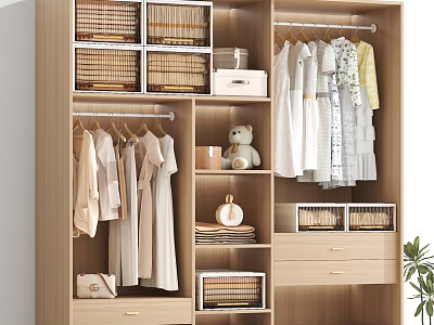 Modern Wooden Wardrobe Interior With Hanging Clothes Woven Baskets Drawers And Stuffed Toy 3d model