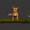 Cute Cartoon Lion Cub On Stone Ground With Green Grass Pink Flowers And Small Butterfly