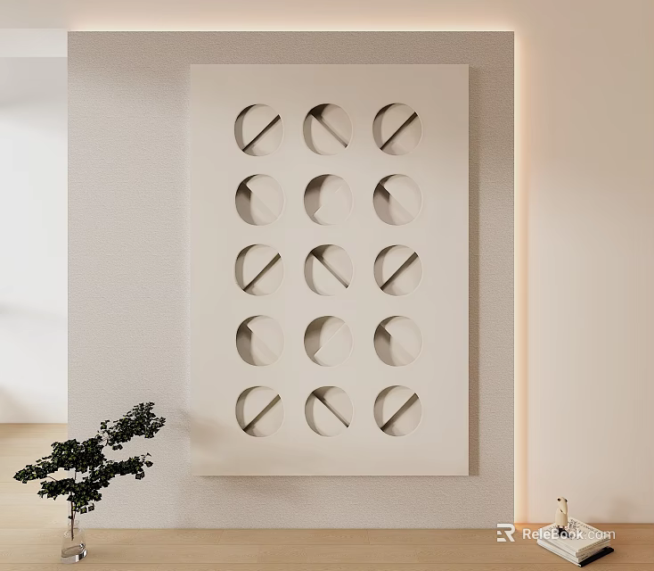 White Decorative Wall Panel With Circular Cutouts And Green Plant 3d model