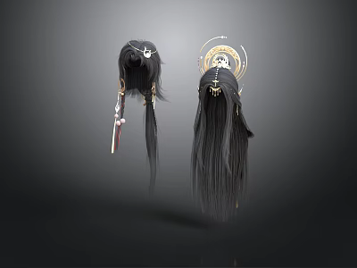 Decorative Black Long Hair Dolls With Halo And Holding Ornamental Items 3d model