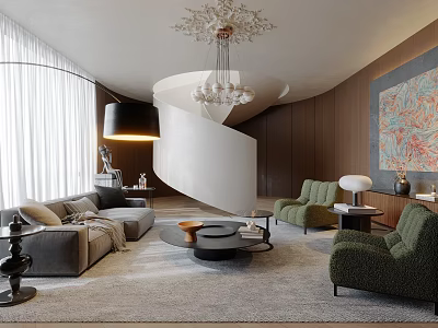 Modern Living Room Interior With Grey Sofa Green Armchairs Spiral Staircase And Artwork 3d model