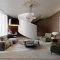 Modern Living Room Interior With Grey Sofa Green Armchairs Spiral Staircase And Artwork