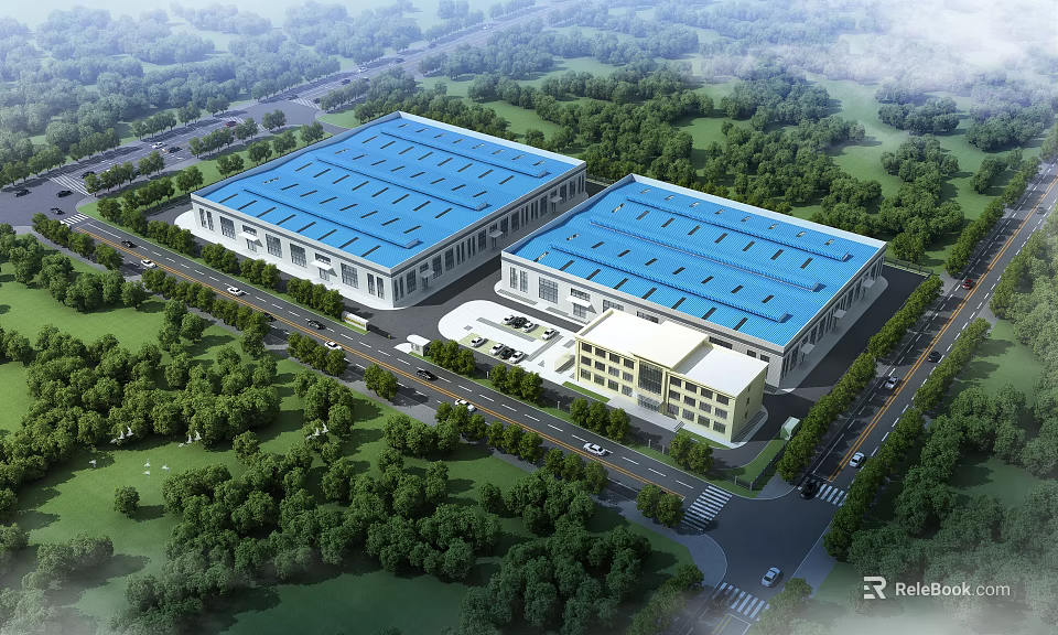 Modern Industrial Factory Buildings With Blue Roofs And Green Surroundings Near Roads And Trees 3d model 