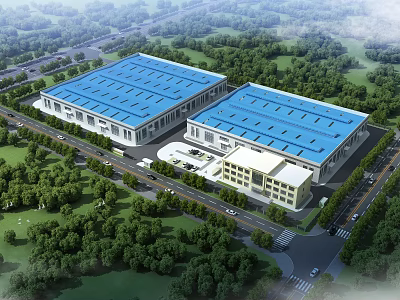Modern Industrial Factory Buildings With Blue Roofs And Green Surroundings Near Roads And Trees 3d model