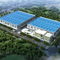 Modern Industrial Factory Buildings With Blue Roofs And Green Surroundings Near Roads And Trees