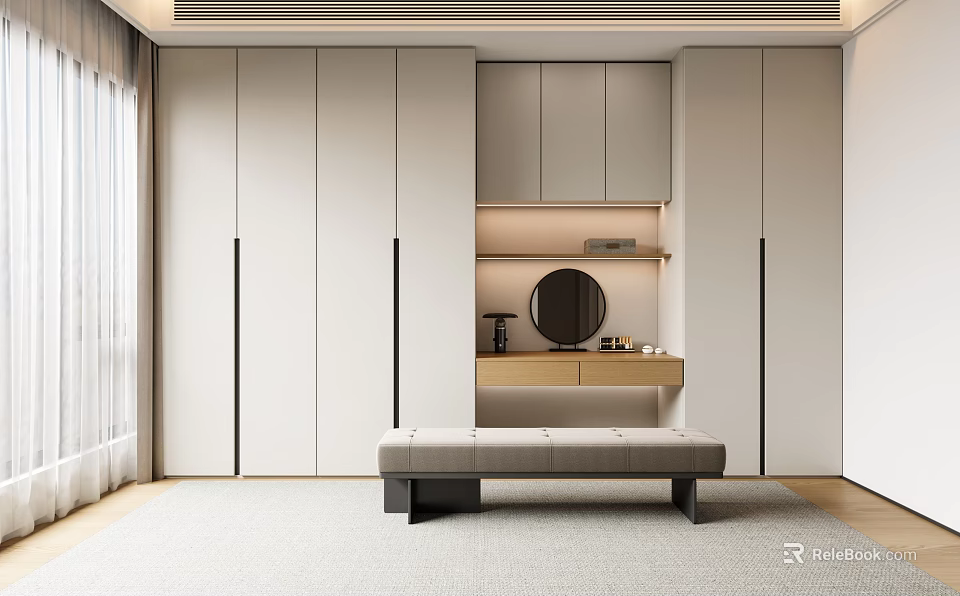 Modern Walk in Closet Interior with Cabinets Dressing Table Mirror and Bench 3d model