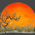 Natural Indoor Landscape With Large Orange Circular Background Curved Tree And Reeds Grass