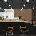 Modern Café Interior With Black Ceiling White Spherical Lights Wooden Walls Bar Counter And Stools