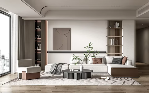 Quiet Living Room Sofa Tea Table Combination Multi-person Corner Sofa Single Sofa Wall Decoration Painting Carpet 3d model
