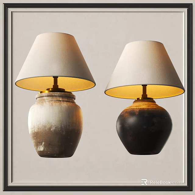 Two Lit Elegant Table Lamps with Ceramic Bases Different Colors and Light Shades 3d model