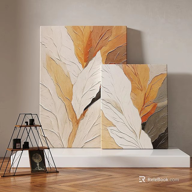 Abstract Painting Leaf Pattern Beige Orange Gray Textured Two Piece Set On White Shelf 3d model