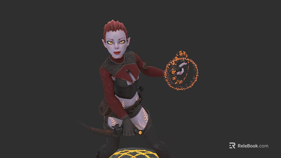 Red Haired Woman In Red And Black Outfit Holding Glowing Magic Ring Against Dark Background 3d model 