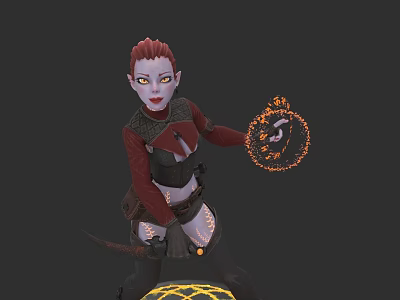 Red Haired Woman In Red And Black Outfit Holding Glowing Magic Ring Against Dark Background 3d model