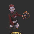 Red Haired Woman In Red And Black Outfit Holding Glowing Magic Ring Against Dark Background