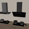 Modern Kitchen Appliances Featuring Silver Black Range Hoods and Gas Stoves with Pots on Burners