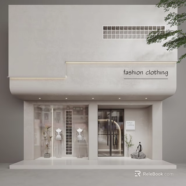 Modern Fashion Clothing Storefront With Glass Doors Display Windows And Mannequins 3d model 