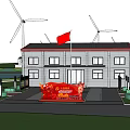 Scenic Park Landscape With Wind Turbines Trees Green Grass Benches And People