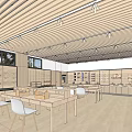 Spacious Bright Classroom Workshop With Wooden Ceiling Floor White Tables Chairs Tool Racks And Windows