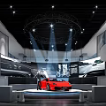 Luxury Car Showroom Displaying Red Sports Car On Platform With Large Screens And Modern Lighting